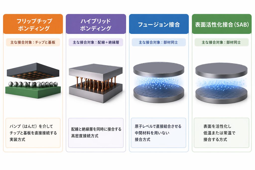4種類のウェハボンディング方式を比較した図解。フリップチップボンディングはバンプを介したチップと基板の接続、ハイブリッドボンディングは配線と絶縁層の同時接合、フュージョン接合は中間材料なしの原子レベル結合、表面活性化接合(SAB)は低温での直接接合をそれぞれ示している