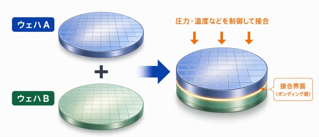 ウェハボンディングの基本原理を示した図。ウェハAとウェハBの2枚を重ね合わせ、圧力と温度を制御して接合し、接合界面(ボンディング層)で一体化させるプロセス