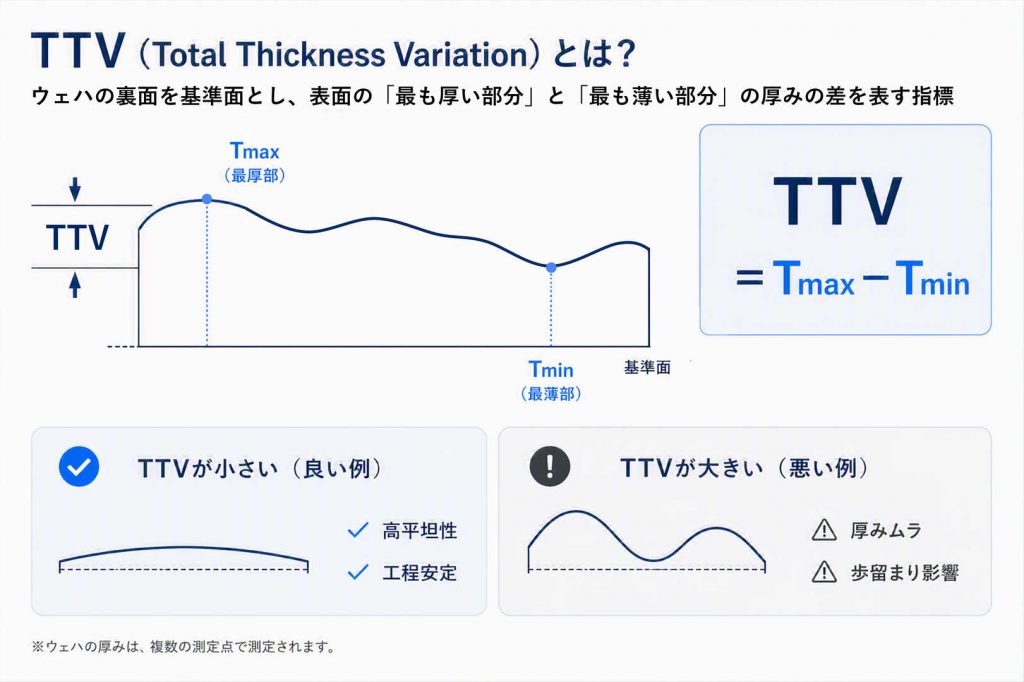 TTV(Total Thickness Variation)の定義を示す図解、ウェハ断面のTmaxとTminの差から算出される厚みばらつき指標と良い例・悪い例の比較