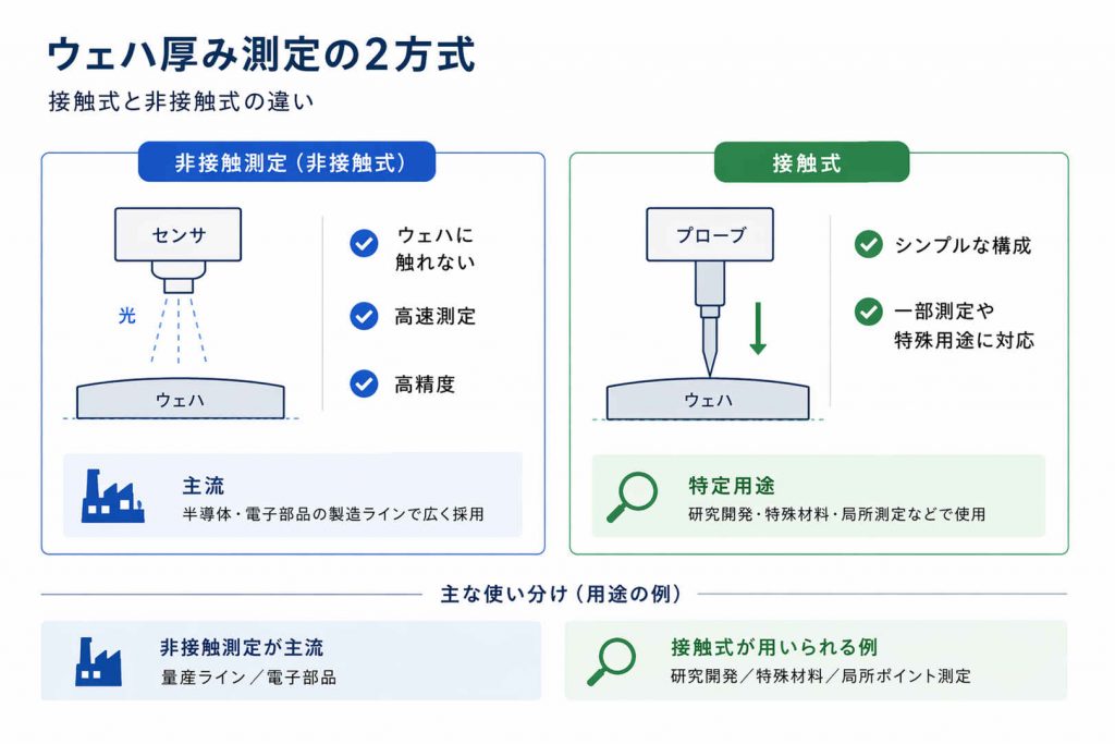 ウェハ厚み測定における非接触式(光学センサ・高速・高精度)と接触式(プローブ・特定用途向け)の2方式を比較した図解